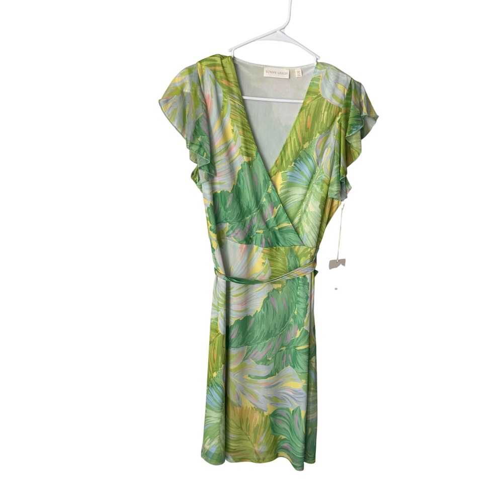 Sunny Leigh Green Tropical Palm Leaf Flutter Sleeve Wrap Dress NWT Medium